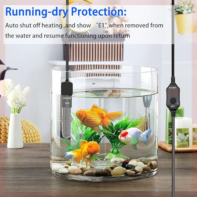 YOFOTHS Adjustable Mini Aquarium Heater 5-10 Gallons Submersible Small Fish Tank Heater 50W Digital Display Thermostat External Temperature Controller (50W)