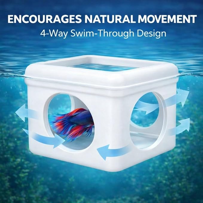 White Floating Betta Hideout with Round Side Holes – 3D Floating Breeding Box & Resting Cave with Window – Feeding Platform, Fish Shelter & Hammock for Betta, Guppies, Nano Tanks & Small Aquariums