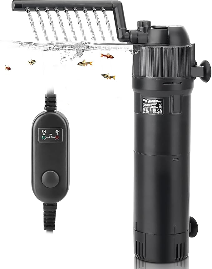 hygger 4-in-1 Submersible U-V Filter Pump, Internal Green Water Killer with Timer, 210GPH 8W Adjustable Fish Tank Filter, Increase Oxygen for 40-80 Gallon Aquarium Tank