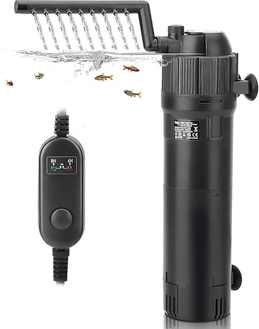hygger 4-in-1 Submersible U-V Filter Pump, Internal Green Water Killer with Timer, 210GPH 8W Adjustable Fish Tank Filter, Increase Oxygen for 40-80 Gallon Aquarium Tank