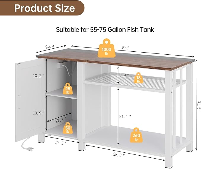 OtterOasis 55-75 Gallon Fish Tank Stand with Power Outlet & Adjustable Shelf, Heavy Duty Aquarium Stand with Cabinet Storage for Fish Tank, Turtle Tank, Reptile Terrarium, 1000LBS Capacity, White