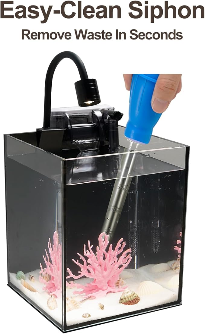 Desktop Aquarium Mini Tank Kit, 1.2 Gallon Rimless Cube with Filter, LED Spotlight, Black Background, Glass Construction, Pipette for Betta Fish, Guppies, Tetras