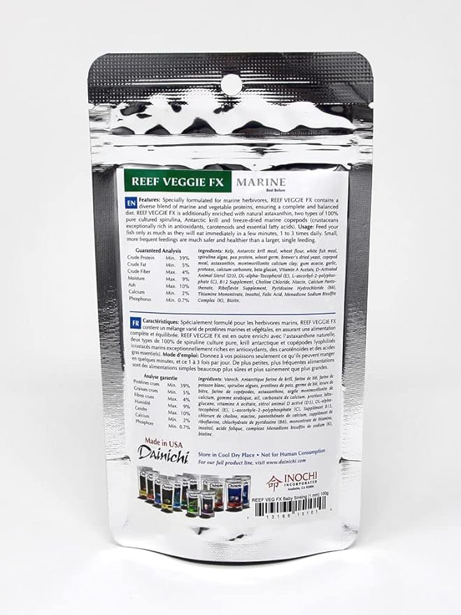 Dainichi Fish Food Marine - Reef Veggie FX Sinking Baby Pellet - 3.5 oz for Herbivorous Marine Fish, Corals and Other Invertebrates – Kelp-Based Formula - Enhances Vitality and Color