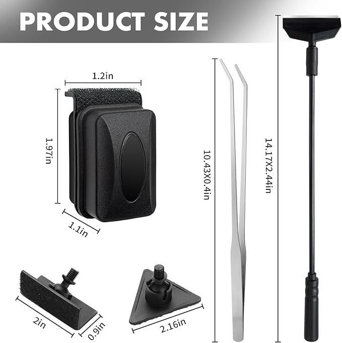 5PCS Small Fish Tank Cleaner Kit: 3-in-1 Algae Scraper with Blade & Sponge Brushes, Curved Aquarium Tweezers & 2" Magnetic Glass Cleaner for Nano Tanks up to 30cm/12 (10 Gallon & Under)