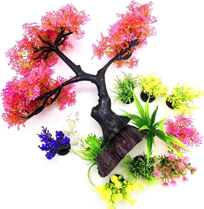 Artificial Aquarium Plants, Fish Tank Decorations, 10 Pcs Cherry Blossom Aquarium Fish Tank Simulation Aquatic Grass Plastic Grass Pine Tree Combination(Pink)