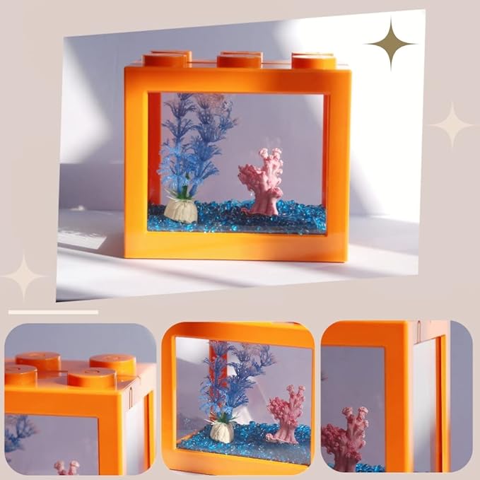 Small Betta Fish Tank, Stackable Mini Fish Tank Aquarium Tank Kit, 3/5 Gallon Rectangular Fish Bowl with Aquarium Gravel Decoration, Tiny Cube Tank for Seaweed Balls Sea Monkeys