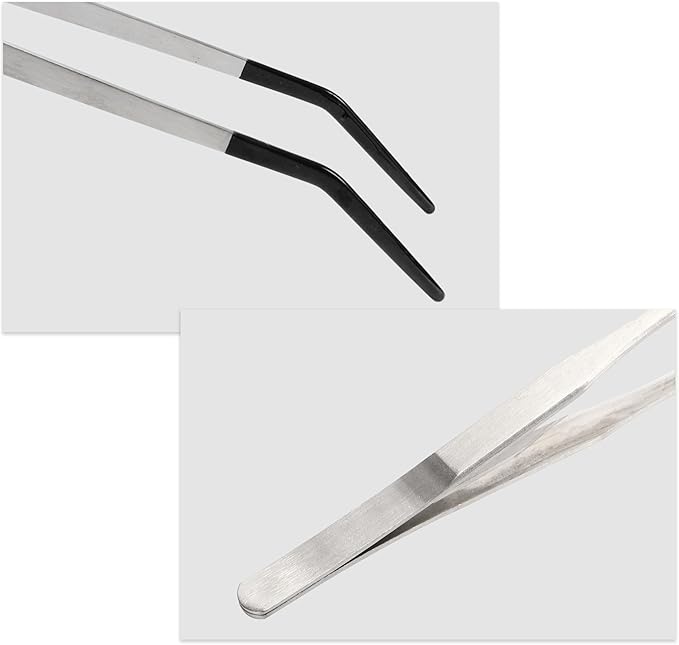 Reptile Feeding Tongs, Stainless Steel Lizard Feeding Tongs, Aquarium Curved Feeding Tweezers for Reptiles with Rubber Tip, Terrarium Feeding Tongs 14.96" L, Black Silver Tone