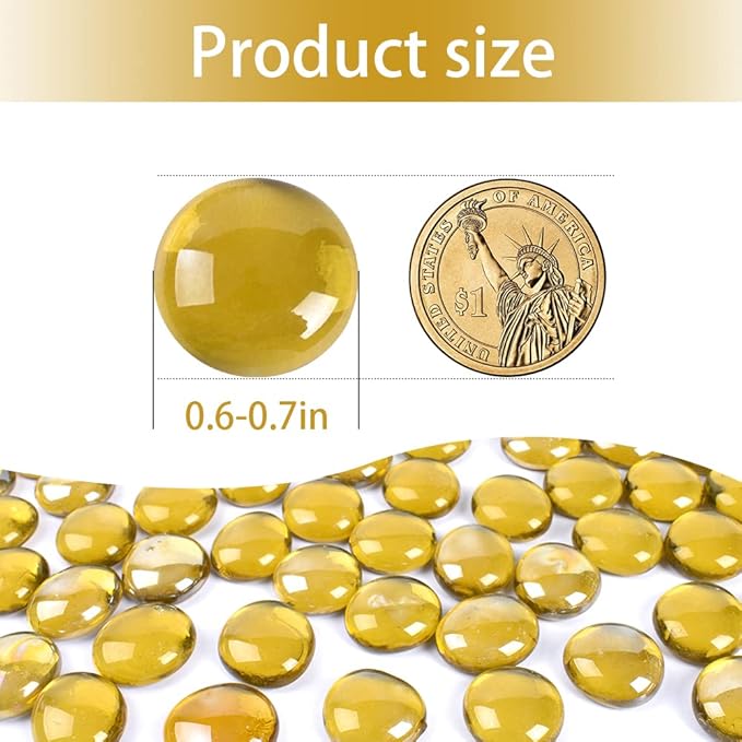 Flat Glass Marbles 1lb, 100PCS Yellow Flat Gems Glass Beads for Vase Filler Garden Aquarium Tank Pebbles Table Floral Decoration