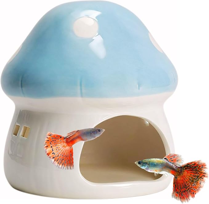 Saim Ceramics Mushroom House Aquarium Decor, Betta Fish Tank Accessories Landscape Decoration, Small Shrimp Goldfishes Habitat Hut Pleco Smalland Breeding Hide Caves Toad House - Blue