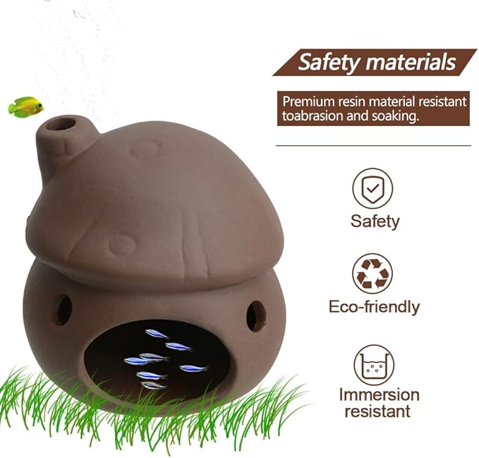 Aquarium Decor Ceramic Mushroom House Ornament Fish Tank Landscape Decoration Pottery Hide Cave Habitat Hut Small Shrimp for Goldfishes to Rest Breed Hiding (Brown)