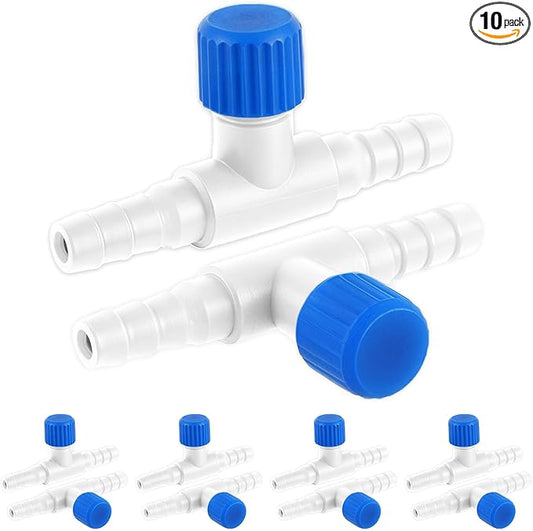 Psyqtsuary Aquarium Air Valve, 10 Pcs Aquarium Air Pump Control Valves T Shaped Single Way Plastic Air Flow Control Regulator Aquarium Air Pump Accessories for Fish Tank 3/16" ID Tubing (Blue White)