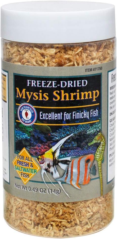 San Francisco Bay Brand Freeze-Dried Mysis Shrimp - Premium Fish Food, Tropical Fish Food, Shrimp Food - Ideal for Freshwater and Saltwater Fish, Cichlids, Angels, Seahorses - 0.49 oz (14g)