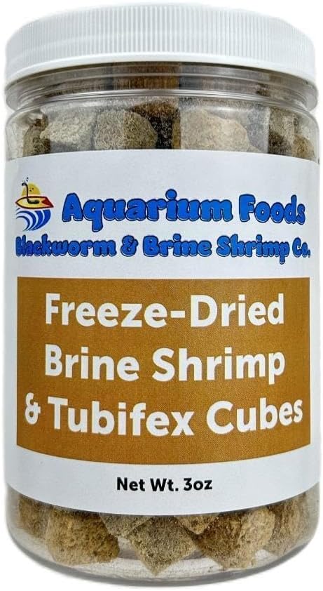 Brine Shrimp & Tubifex Worms - Freeze-Dried Brine Shrimp & Tubifex Cubes for Discus, Cichlids, Koi, Pond Fish, Aquatic Turtles, All Tropical Fish, Marine Fish…3oz Lg Round Jar