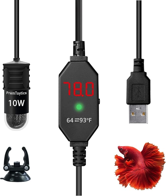 Small Aquarium Heater, USB 10W Adjustable Mini Fish Tank Heater with External Temperature Controller, Overheating Protection, Used for 0.5-1 Gallon Tank (Quartz)