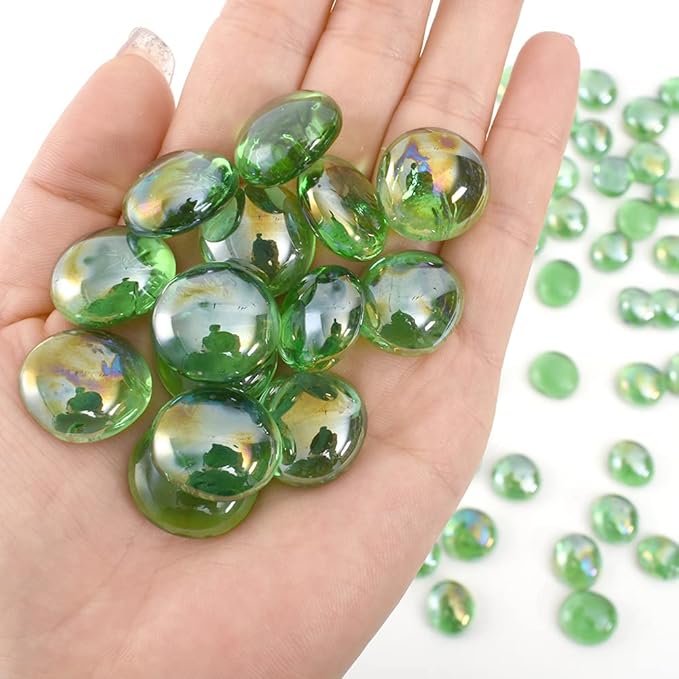 Flat Glass Marbles 1lb, 100PCS Green Flat Gems Glass Beads for Vase Filler Garden Aquarium Tank Pebbles Table Floral Decoration