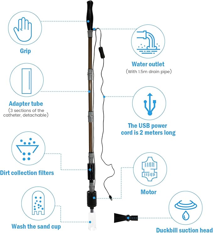 Aquarium Gravel Cleaner Electric Fish Cleaning Tools with Strong Suction Fish Gravel Cleaner Fish Cleaner Fish 6 in 1 Vacuum Gravel Cleaner for Wash Sand Water Changing