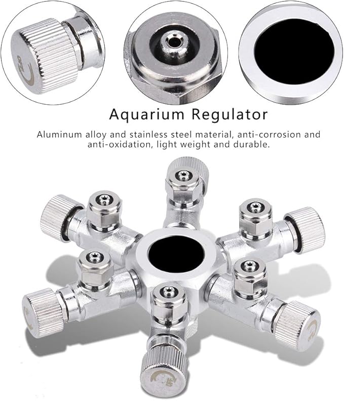 Zerodis CO2 Splitter Multi-Way Distributor Aquarium Regulator Valve for Fish (6 Ways, Aluminum Alloy & Stainless Steel Body, Needle Valve, 6 Outlets, 1/2 inch Barb Connection)