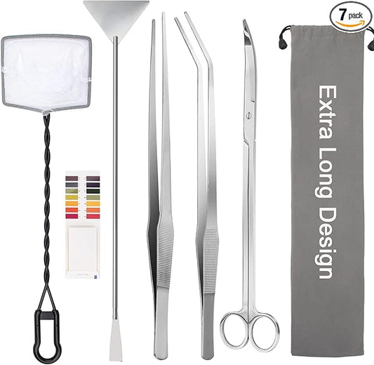 7 in 1 Aquarium Aquascape Tool Kit 15 inch, Aquatic Plant Extra Long Aquascaping Tool for Aquarium Fish Tanks Clean Accessories Set with Silver Tweezer Scissor Spatula, Fish Net, PH Paper, Bag