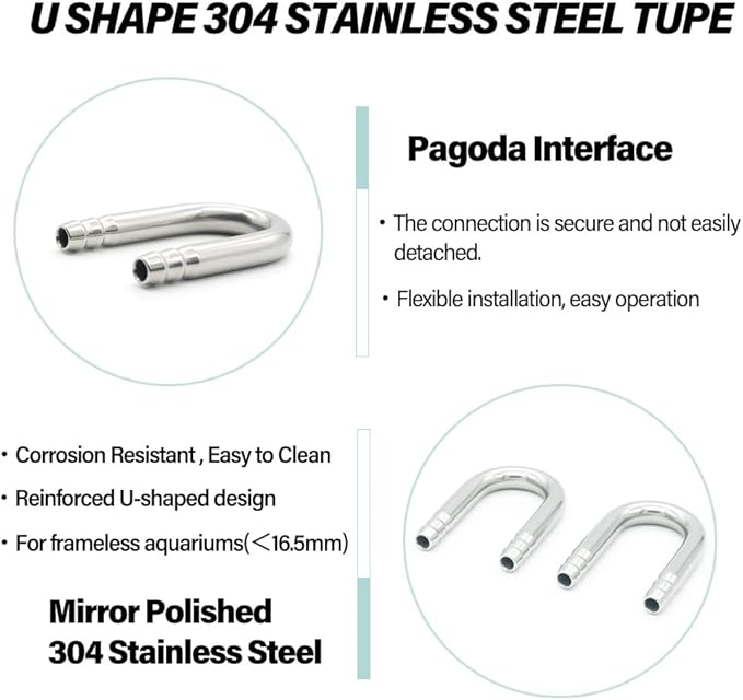 LINLAN 2-Piece Aquarium 304 Stainless Steel U-Tube Connector，Anti-Kink Design, Compatible with 4mm (0.16") ID Air Hose, Air Pump and CO2 Diffuser Accessory for Rimless Aquariums