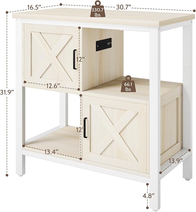 20-29 Gallon Fish Tank Stand with Power Outlet, Farmhouse Aquarium Stand with 2 Cabinets, 20 Gallon Fish Stand with 4 Adjustable Legs, 16.5" L*30.7" W Tabletop (White)