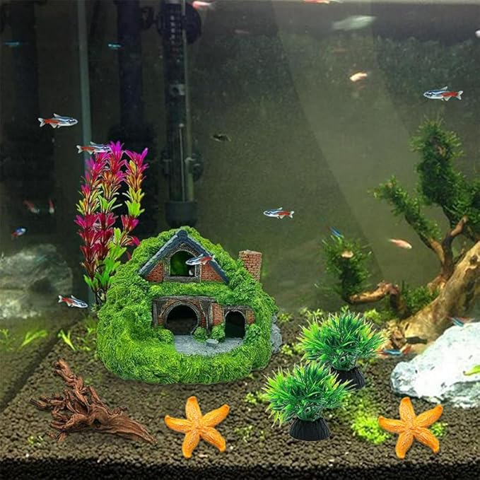 Fish Tank Decorations kit, Aquarium Decor Hobbit House x 1pc, Fish Tank Accessories Aquatic Plants x 2pcs, Starfish x 2pcs.