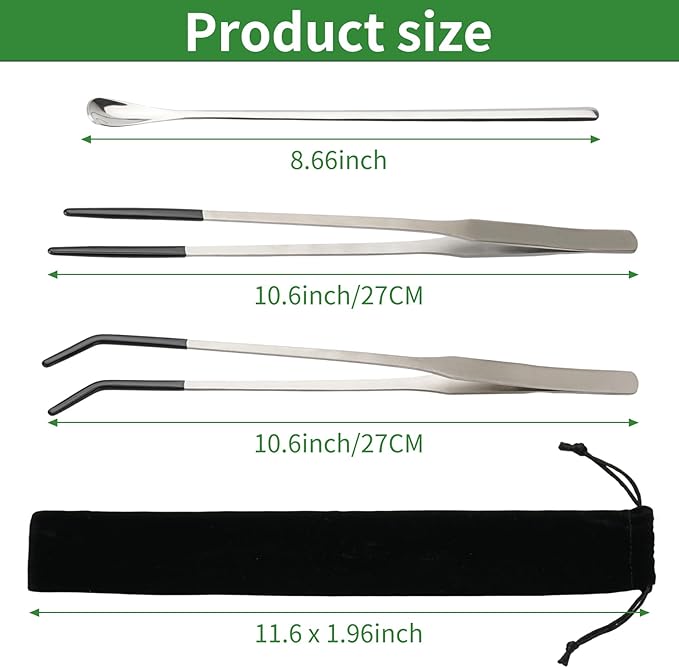 3PCS Reptile Feeding Tongs with Rubber Tips, 10.6" Stainless Steel Tweezers & Spoon Set with Storage Bag for Bearded Dragons, Geckos, Turtles, Tank Accessories