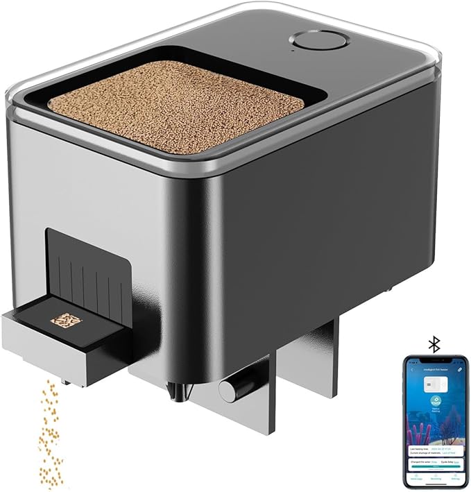 Bluetooth Fish Feeder Automatic Dispenser for Aquarium, Food Dispenser for Fish Tank with App Control, USB Powered, Suitable for Small Fish Tank Pelleted Food, Black