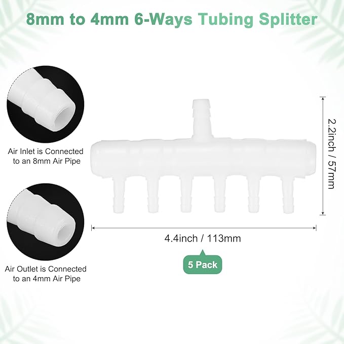 M METERXITY 5-Pack Aquarium Air Valve 8mm to 4mm 6-Ways, Plastic Air Line Tubing Splitter Connector Flow Control Pump Accessories for Aquarium/Fish Tank/Garden/Agricultural/Irrigation [White]