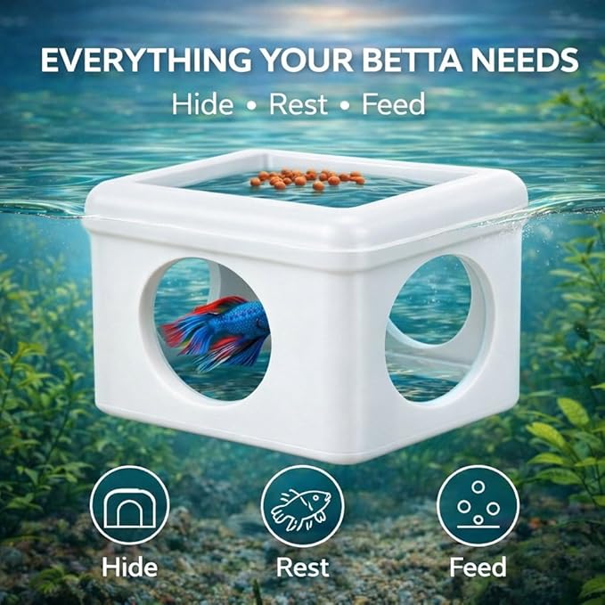 White Floating Betta Hideout with Round Side Holes – 3D Floating Breeding Box & Resting Cave with Window – Feeding Platform, Fish Shelter & Hammock for Betta, Guppies, Nano Tanks & Small Aquariums