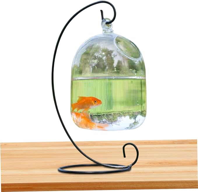 Hanging Fish Bowl with Stand, Transparent Mini Fish Tank Bowl, Space-Saving Impermeable Construction Glass Vase Aquarium for Home, Office Accessory