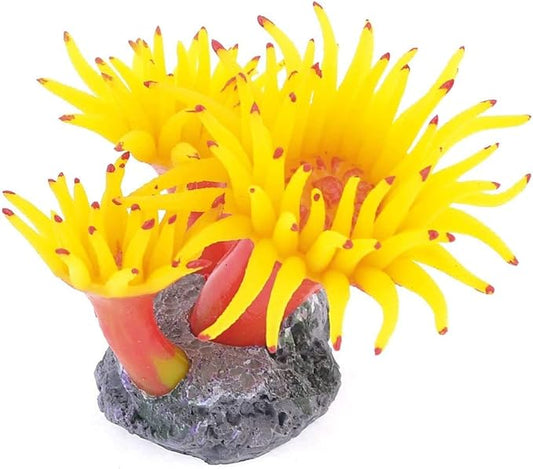 Concrete Base Silicone Coral Anemone Aquarium Plant Decoration, Yellow