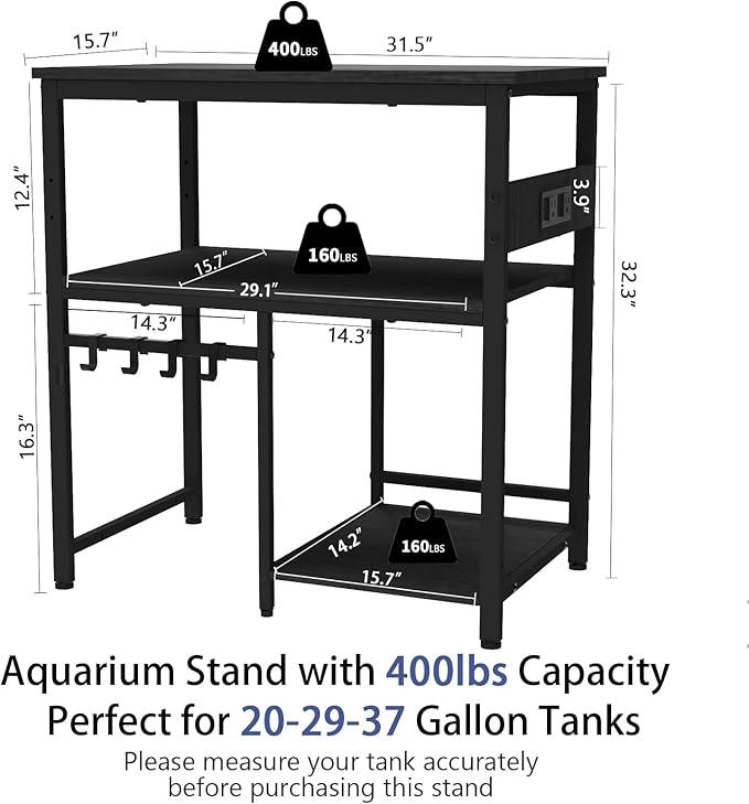 20-29-37 Gallon Fish Tank Stand, 3-Tier Aquarium Stand with Power Outlet Reptile Tank Stand Heavy Duty Terrarium Stand for Home Office, Black