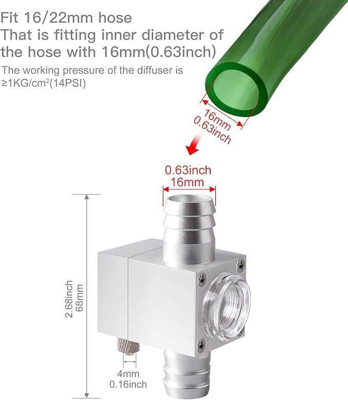 External Inline CO2 Diffuser Atomizer Aluminum Alloy for Planted Aquarium 16 mm