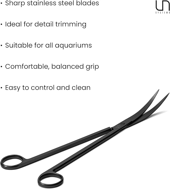 UNS Aquascaping Tools - Stainless Steel, Rust Resistant, Freshwater Planted Tank, Saltwater Reef Aquarium Maintenance Accessory - Trimming Stems & Carpets, Coral Cutting - Curved Scissors, Black
