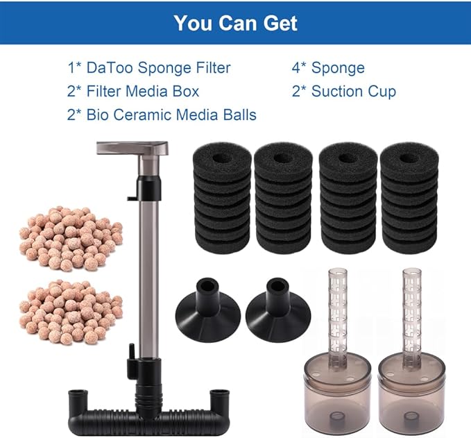DaToo Aquarium Sponge Filter Fish Tank Foam Filter Quiet Submersible Bio Sponge Filter with 2 Spare Sponges and 1 Bag of Bio Ceramic Media Balls (DT-200A)