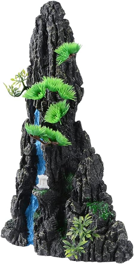 Large and Tall Fish Tank Decorations Aquarium L9.84x W6.14x H12.99inch, Resin Mountain View Aquarium Decor, Rock Thematic Ornaments with Tree & House for Betta Cichlid Goldfish Shrimp Playing Hiding