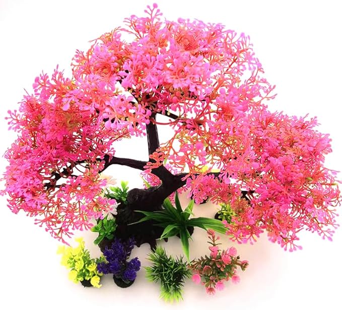 Artificial Aquarium Plants, Fish Tank Decorations, 10 Pcs Cherry Blossom Aquarium Fish Tank Simulation Aquatic Grass Plastic Grass Pine Tree Combination(Pink)