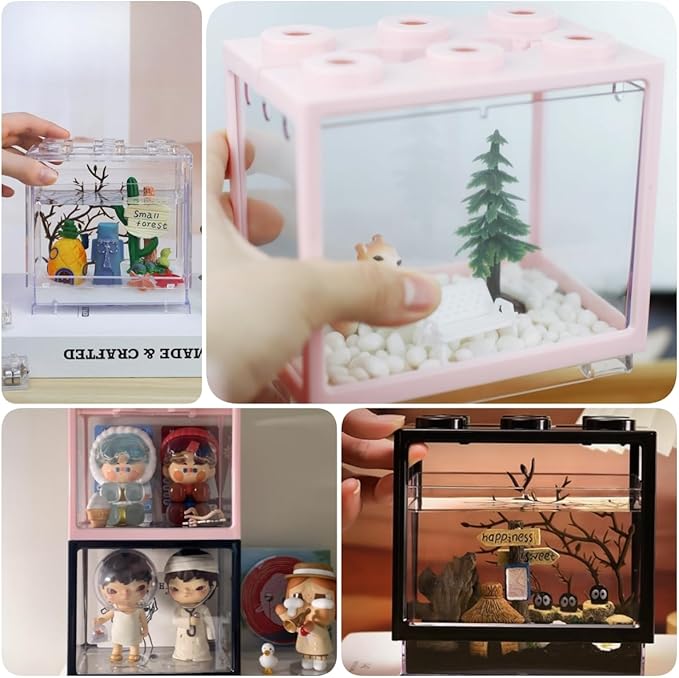 Small Sea Monkey Tank, Stackable Mini Betta Fish Tank Tinny Aquarium Kit with Aquarium Gravel, Moss Ball Tank Shrimp Tank 0.27 Gallon Acrylic Cube Fish Bowl for Shrimp Snails