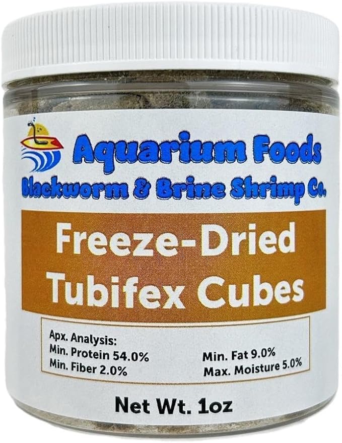Tubifex Worms - Freeze-Dried Tubifex Worm Cubes for Discus, Cichlids, Koi & Pond Fish, Aquatic Turtles, All Community Tropical Fish, All Marine Saltwater Fish…1oz Sm Round Jar