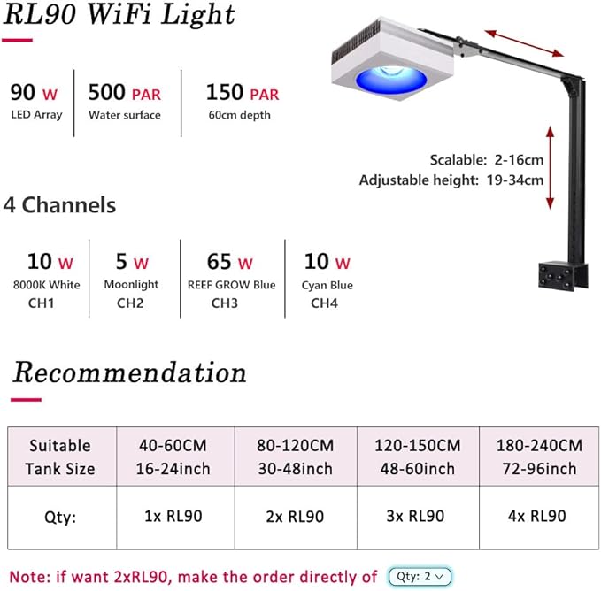 PopBloom RL90 LED Aquarium Light, Smart APP Control Fish Tank Light Reef Lights for Coral 60-240CM Marine Tank, Arm Mounting Aquarium Light with Timer and Brightness Adjustable