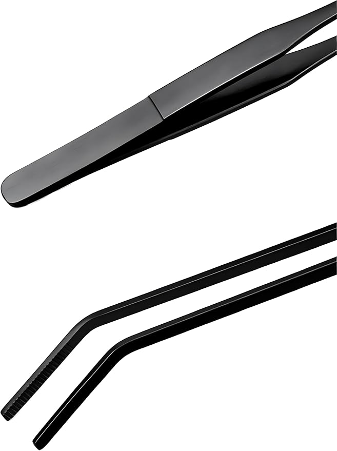 2-Pack Aquarium Tweezers, Stainless Steel Straight and Curved Tweezers Set, Long Handle Reptile Feeding Tongs for Aquatic Plants Lizards Spider Snakes Garden Repairing - 10-3/5inch, Black