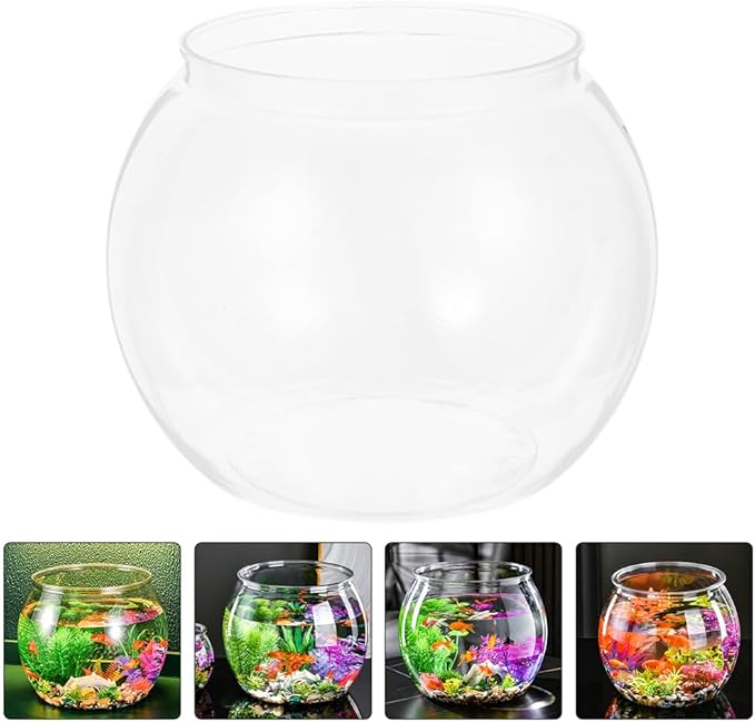 Angoily Transparent Plastic Fish Bowl 5.11 Inch Small Round Aquarium Tank for Goldfish Desktop Office Home Decoration Portable Small Aquarium