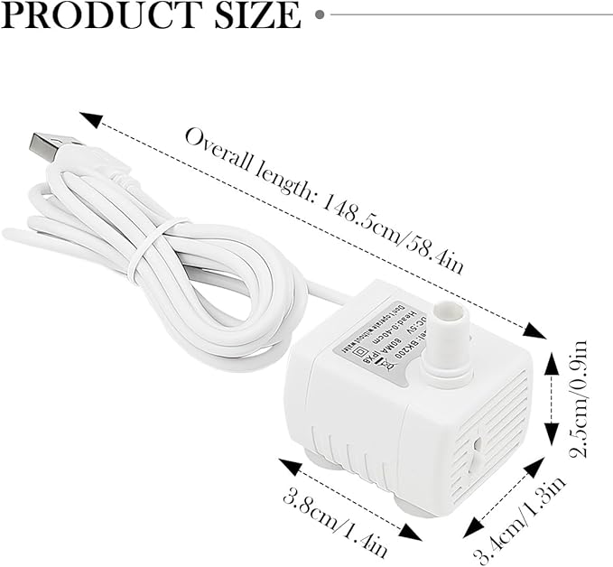 Replacement Pump for Pet Drinking Fountains, Quiet DC Brushless Motor, USB Powered, Mini Cat Water Dispenser, White, ABS Material, Above Ground, 5V, Pet Pump
