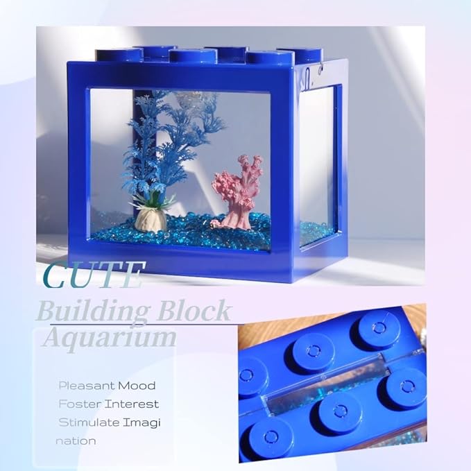 Small Betta Fish Tank, Stackable Mini Fish Tank Aquarium Tank Kit, 3/5 Gallon Rectangular Fish Bowl with Aquarium Gravel Decoration, Tiny Cube Tank for Seaweed Balls Sea Monkeys