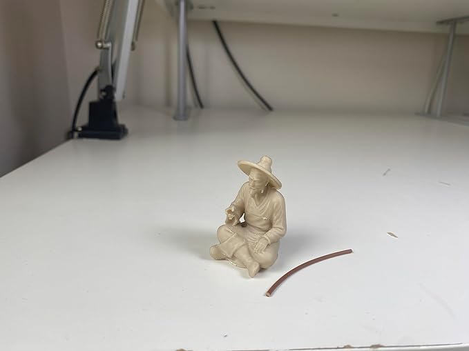 Miniature Zen Fisherman Figurine – Old Wise Man Fishing Bonsai Tree Accessory – 3D Printed Ivory Finish Aquarium & Terrarium Decor – Oriental Feng Shui Sand Garden Ornament