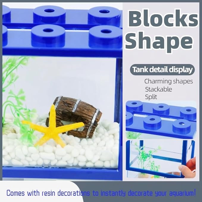 Small Betta Fish Tank, Stackable Mini Fish Tank Tiny Aquarium Tank Kit with Aquarium Gravel & Resin Decorations, 0.6 Gallon Cube Desktop Fishbowl for Snails, Crabs, Starfish (Blue)