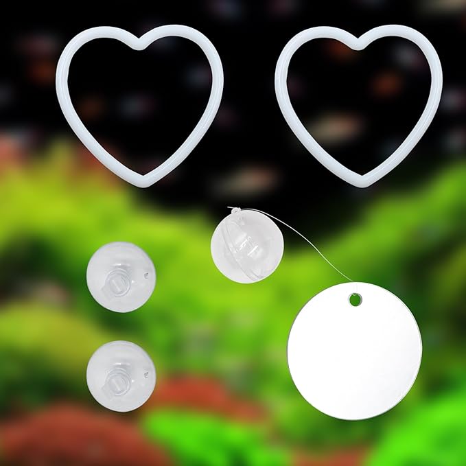 Beta Fish Aquariums Accessories, 1 Mirror with Floating Ball & 2 Exercise Training Ring Toys, Fish Feeding Ring, Betta Fish Toys Set for Tank, Enrichment Toys for Fish (Heart Shape)