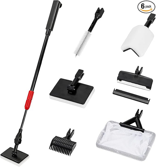 TOPZEA 6 in 1 Aquarium Cleaning Tool Kit, Fish Tank Cleaner Set with Adjustable Telescopic Long Handle (21-32 Inch) Include Algae Scraper, Scrubber Pads, Fish Net, Tube Cleaning Brush, Gravel Rake