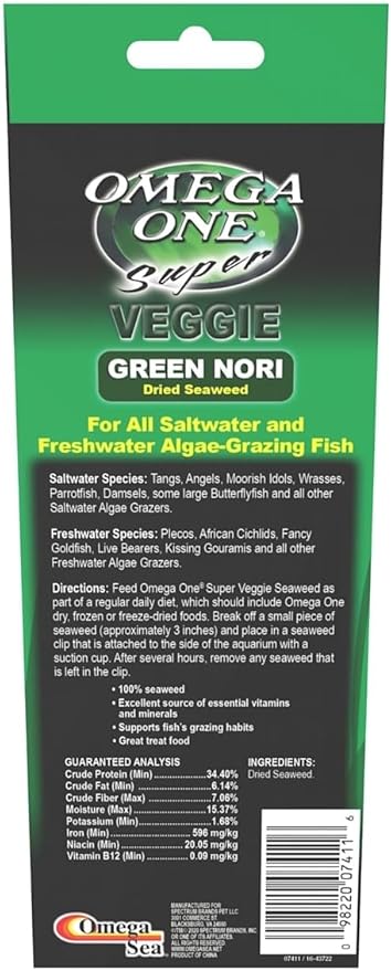 Omega One Super Veggie Green Seaweed for All Algae Grazers, .8 oz, 23 g, 24 Sheets, 3 Pack
