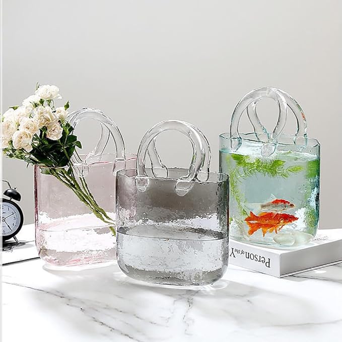 Open Glass Aquarium, Handbag Shaped Fish Tank, Special Shaped Transparent Betta Fish Tank, 2 in 1 Vase & Aquarium Container, Living Room Vase Decorations, Modern Aquarium for Girls,Pink